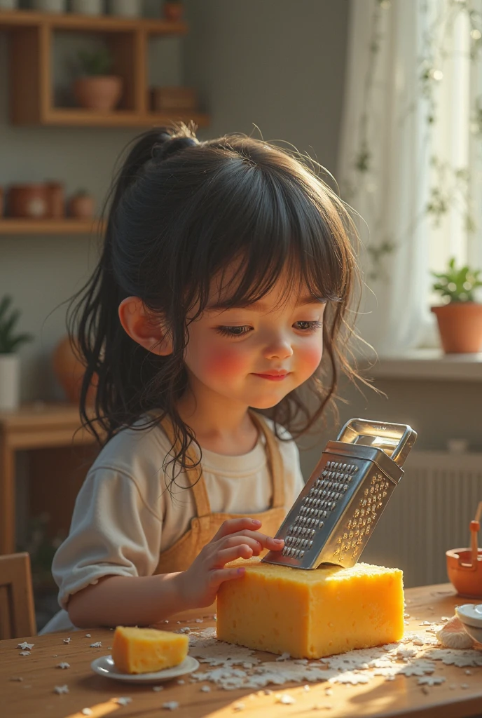 a asian girl eats candy and chocolate in the house with big window, forest outside