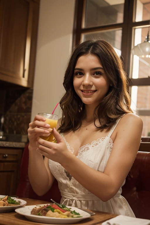 pretty woman having breakfast, at home, casual dress, tied hair, smiling, solo selfie