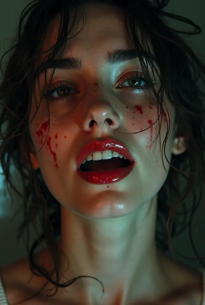 70s setting, grainy film, ultra-detailed, realistic, abstract, desperate tremor, sexual exhausted, hard breath, loosing control, hazy view, sweat, desperation, soaked t-shirt, void background, red lips, noir, wet sticky hair, bob cut, natural skin texture,