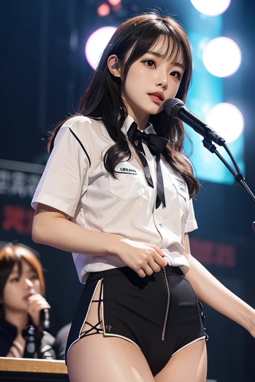 ((最high quality, 8K, masterpiece: 1.3, Ultra HD, high quality, 最high quality, High resolution, realism)) 、An extremely beautiful 18-year-old Japanese woman、hair color is black、black eye、medium hair、straight hair、smile、Slender but well-proportioned, slim and muscular body、Athlete-like body type、I don't want my head to disappear from the screen.、Sailor uniform、Wear a navy blue pleated skirt、wear loafers、Brown inner color((colored inner hair))、Hair behind ears((hair behind ear))、hair band((hair ribbon))、Vertical roll on one side((side drill))、Being in the karaoke box、Grab the microphone and sing with smile