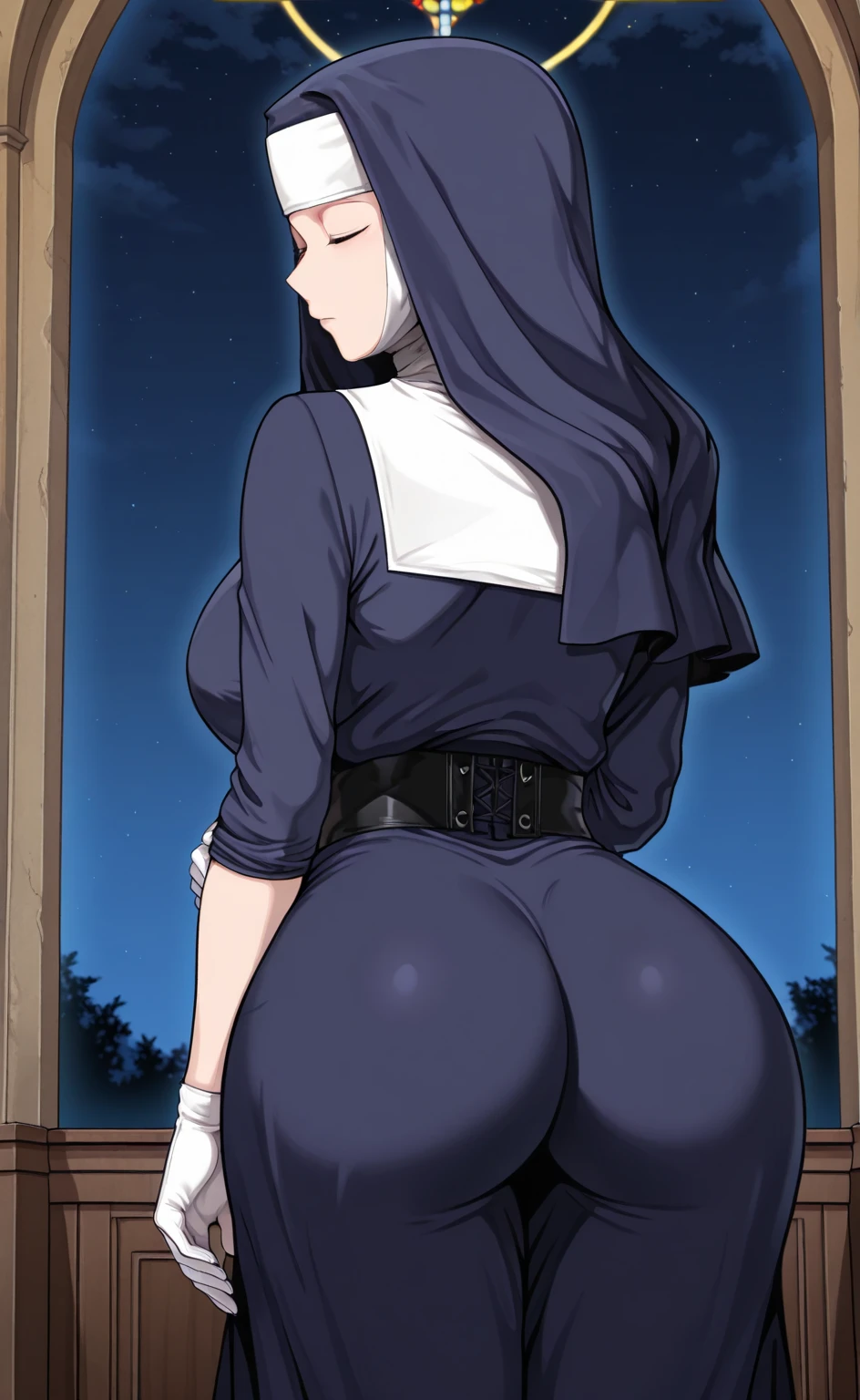 Super-detailed, 8k HD, 3d art style, 1 girl, solo, mature, tan skin, beautiful and detailed face, detailed hand, long black hair, slender hips, thick thighs, huge and droopy breast, huge round ass, expressionless, nun dress, thigh high fishnet stocking, eye cover veil, standing in front of a shelve, bend down forward looking for something in bottom shelve, leg straight, view from behind
