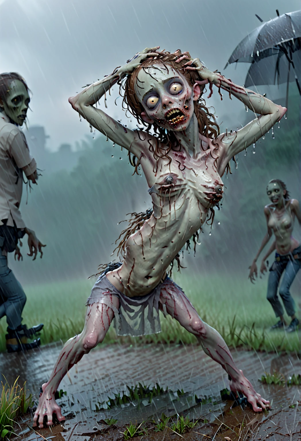 An 18 year old human girl, BREAK (completely nude:1.2), (naked:1.2), Wearing white ankle socks only, running away from a group of zombies. trying to cover up. Zombies behind her, running away, running away from a group of zombies, zombies apocalypse
