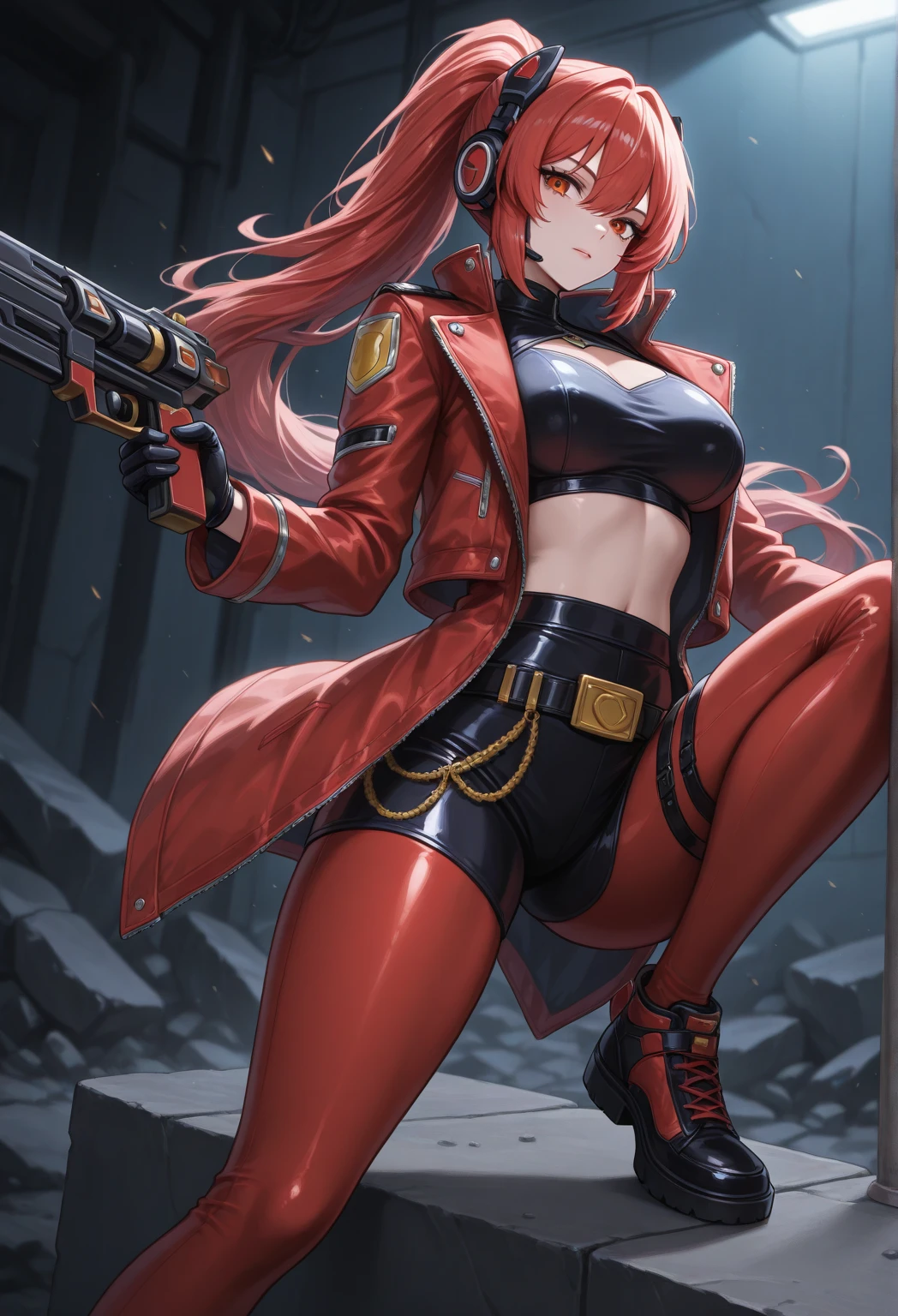 masterpiece, best quality, 1girl, solo, standing, nikkeredhood, horns, cleavage, scarf, navel, midriff, red crop jacket, belt, black pants, thigh strap, smirk, looking at viewer, huge weapon, sniper rifle, bullpup, in city, night