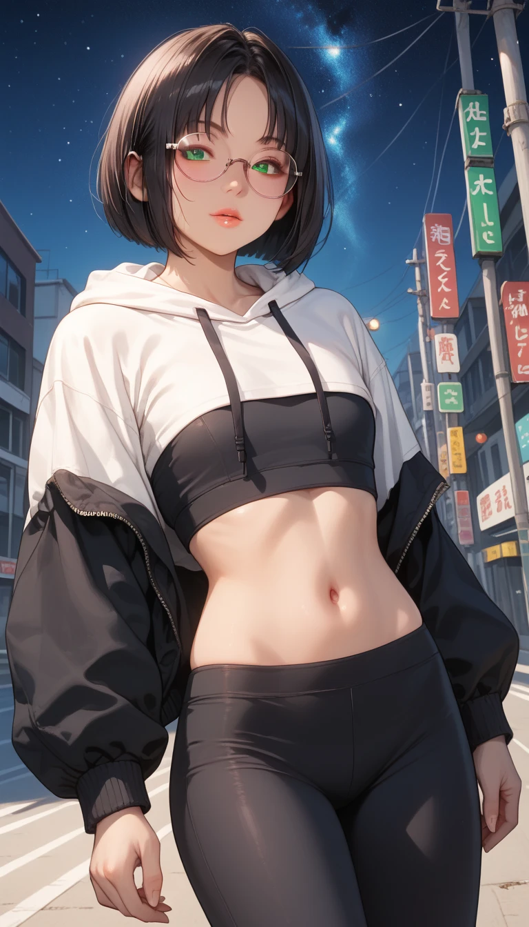 1girl, anime style, skinny body, Anime girl wearing crop top with jacket, shorts jeans, light grey short hair, orange eyes color, pose picture of her sexy pose, straight on street of New York Tower, anime art wallpaper, detailed, 8k, high quality, skinny