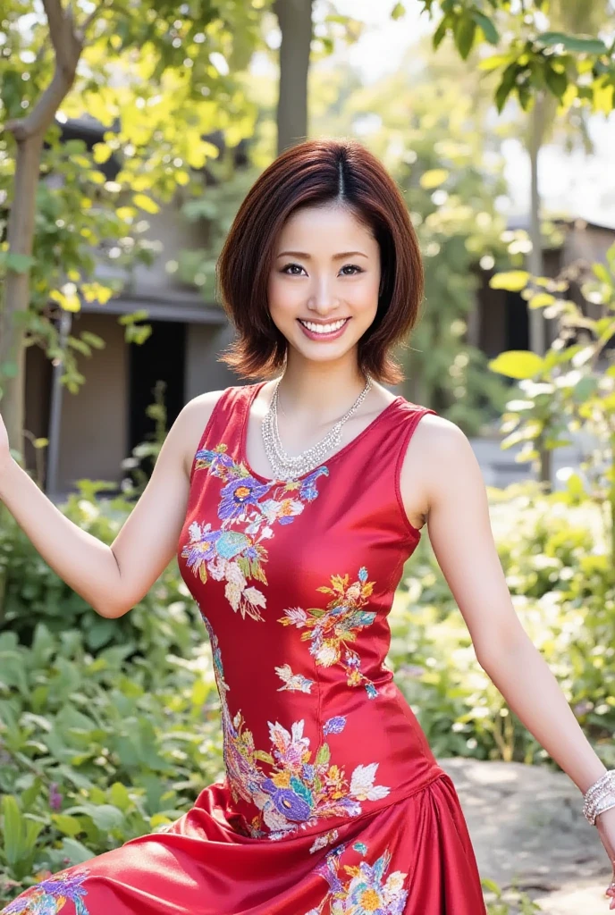 Highest quality, masterpiece,32K ,photograph、 Realistic, High resolution, 8k RAWphotograph,alone, 1 person,、Age 35、Slim figure、A sloppy smile、 ((((Sleeveless yellow cheongsam))))、In the mountains、High heels