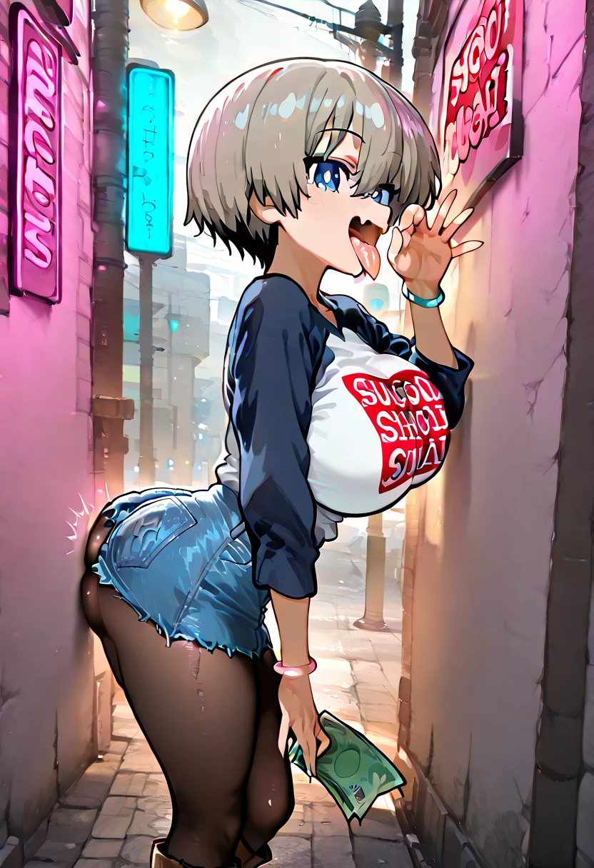 ((1girl)),((alone)),uzaki hana,(masterpiece), (best quality), (ultra detailed), (best illustration), (best shadow), (absurdities), sharp focus, cowboy photo , looking at viewer, big breasts, narrow waist, wide hips, wide thighs, round butt, dynamic posture, gray hair, short hair, hair between the eyes, bangs, blue eyes, fangs, shirt, raglan sleeves, text in romaji, written clothing, long sleeves, huge breasts, jean shorts, black pantyhose, mocking smile, closed mouth, (sexy pose: 1.2), alone, standing: 1.3, outdoor, night, cityscape, city, streets, street lights the city, looking back, from behind, ((focus on ass)), pov (from below), red blush, perfect anatomy, perfect hands