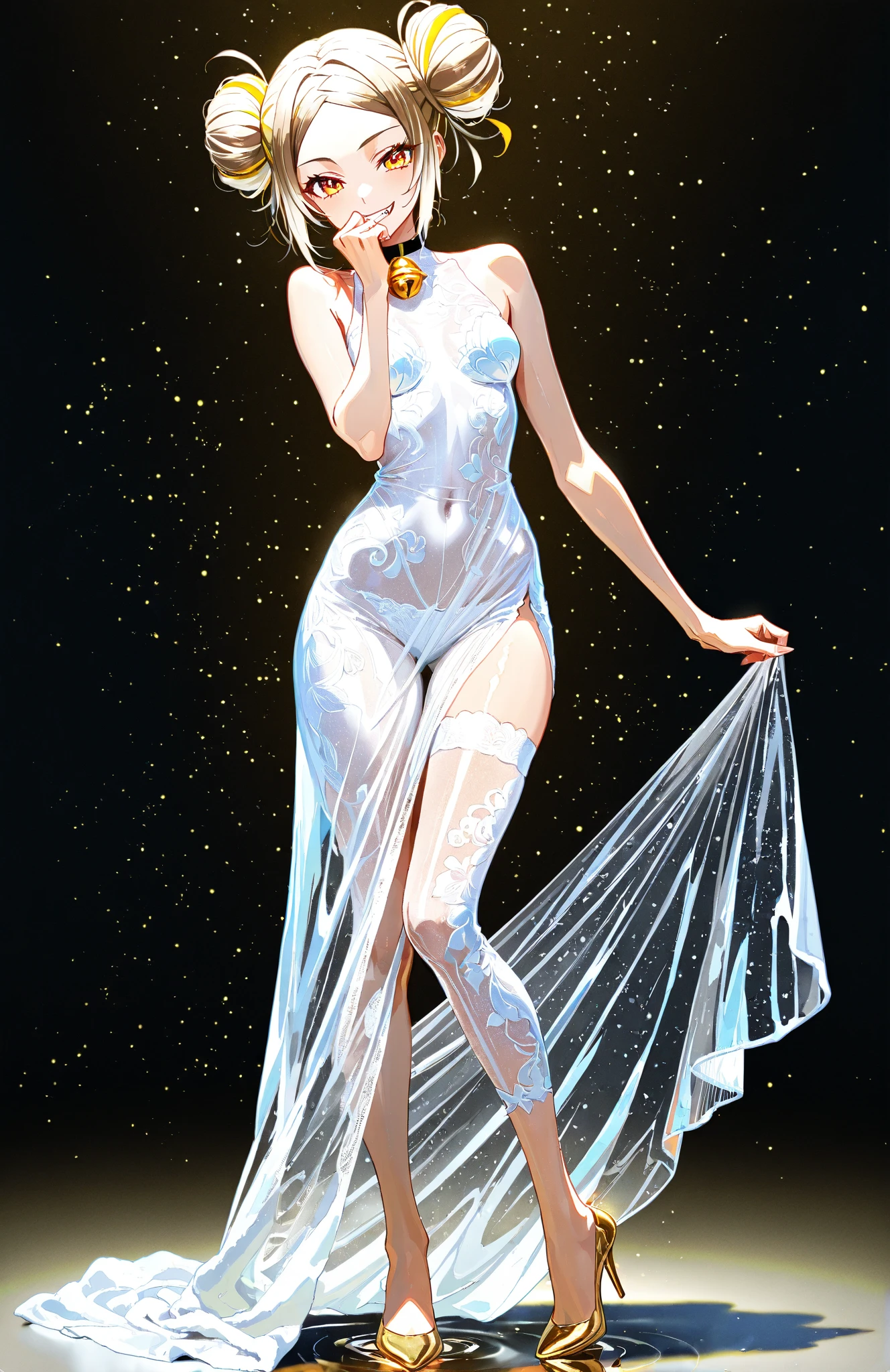 a girl、a baby face、Very cute、slim and beautiful、((small :1.2))、eyes well drawn、charming eyes、double tail、Wear jewelry and pearls around your neck,Transparent openwork、Deep V、Crystal Pearls、在Wear jewelry and pearls around your neck,white hair, Showing thighs, bare shoulders, showing clavicle, Yao Liu, barefoot,((whole body))、painful posture