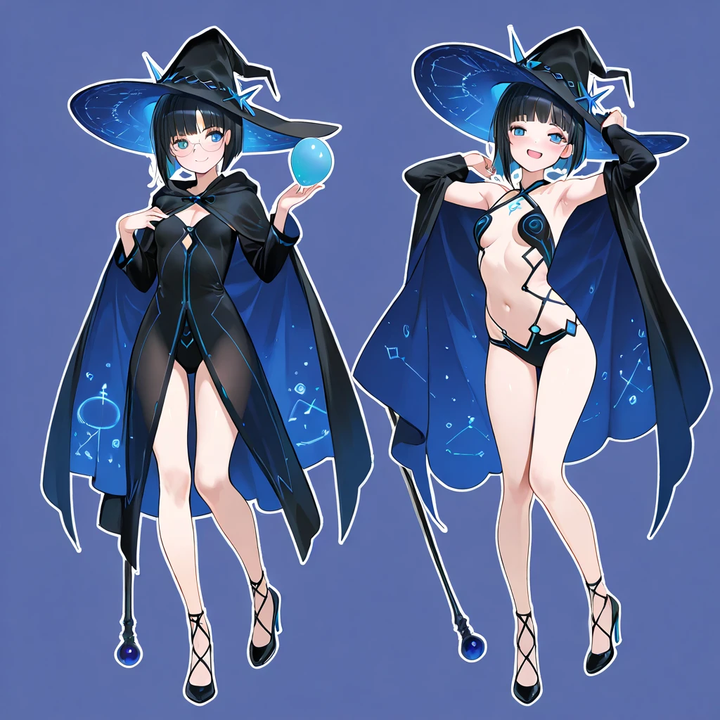 Score 9 , Score 8 up , score increased by 7, animation source ,Rating :Restriction level,
Best Quality , ultra high resolution, Super Fine Skin, 細節優美的Eyes, alone, alone,
1 Delicate Girl:10.0, Full Body:7.5, Beautiful Legs, Beautiful Face, 美麗的Armpits ,
short, delicate, slender , vanities ,
Short Height:15.0,
Smile, open mouth:0.! 8
forehead, asymmetrical hairstyle, messy hair, Bob Cut, Bangs,
Water Witch, Transparent Witch Cloak:10.0, vapours:2.5,
Armpits, Raise your hand, Smile,
small , natural , Soft Chest,
blush,
rimless glasses , Mascara, Blue eyes, 半瞇的Eyes, Eyes,
Witch Black Hat, Witch Staff , Flashing Runes , Hopping Energy, Water Balloon Expression, Water Drops:5.0
High Heels:5.0