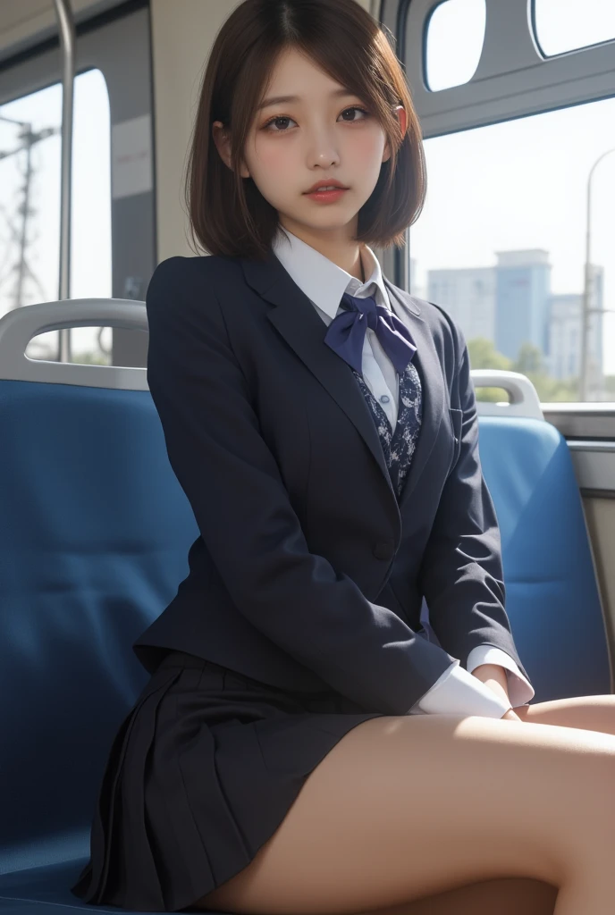 navy ribbon tie. Bus stop.