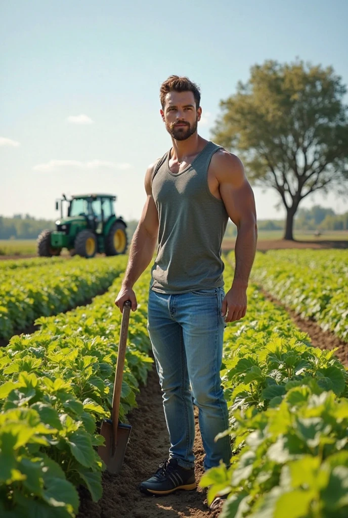 ((fullbody_homoerotism_nsfw) ((1 man Holding a hoe with both hands, Tilling the soil)) ((dynamic movement composition)) reflect the strength and masculinity of latino , 20 years old, workers shirtless, barefoot, Caucasian ethnic physical characteristics Industry: Agriculture Background: Field of crops. Leg Position: Spread apart, one slightly forward. Arm Position: Holding a hoe with both hands. Action: Tilling the soil. Color Palette: Greens and browns. Facial Expression: Determined and focused. Model’s by Aaron Horkey and Jeremy Mann, masterpiece, best quality, Photorealistic, ultra-high resolution, photographic light, illustration by MSchiffer, fairytale, Hyper detailed A mixture of photography and painting, simetryc Composition, Perfect Divine Proportione, 8k resolution A young man, white skin, smoth body, thin face, straight nose, thin lips, square chin, large light blue eyes, short blond wavy hair, in roberto ferri style, aesthetic slim athletic body, ginger realistic skin, gorgeous, detailed tonned muscles, barefoot, perfect anatomy, muscled fitness body, The man shirtless, barefoot, pantles, big erected detailed perferct penis, confident gaze,