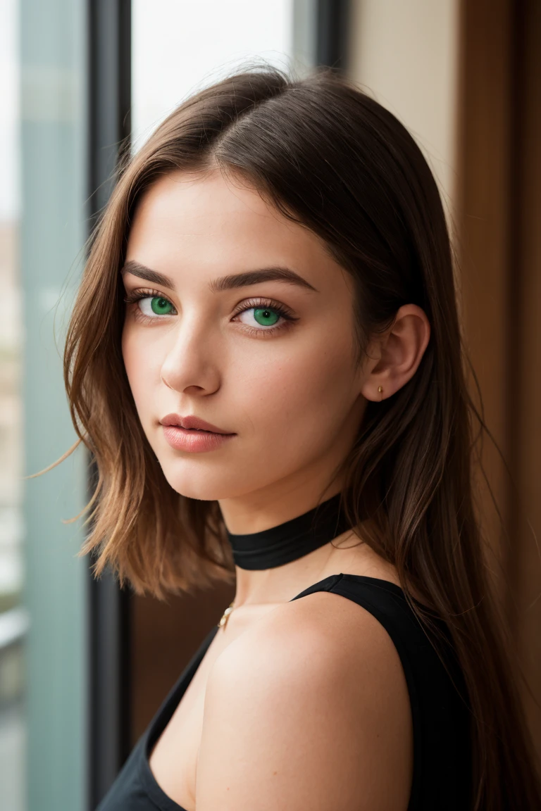 19 yo girl, slim, tall, brunette, round nose, small mouth, medium sizes lips, round face, sideboob, cute, dressed in a shirt that unveils her shoulders, low breasts, black clothes, green eyes, sweating