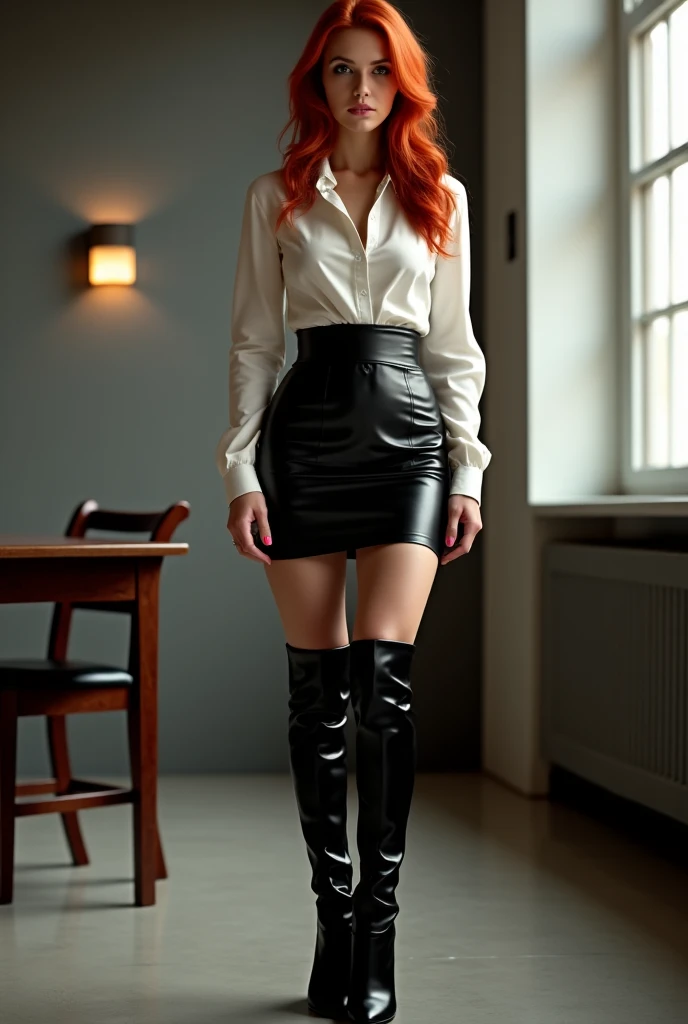 ultra realistic, photography, long red hair, girl, 24 years old, hourglass figure, perfect body, Flirty look, extremely detailed artgerm, in the style artgerm, small breasts, facing the camera, lens 35 mm, blur background, (visible detailed face)1.2, (beige tights)1.3, (white tight shirt)1.2, (tight black mini-skirt)1.2, looking at viewer, front view, (looking at viewer), standing, natural lighting, (detailed background:1.2), (full body:1.3), (realistic:1.4), (ultra detailed:1.2) (visible detailed face)1.5, (sharp focus)1.5, shiny pantyhose