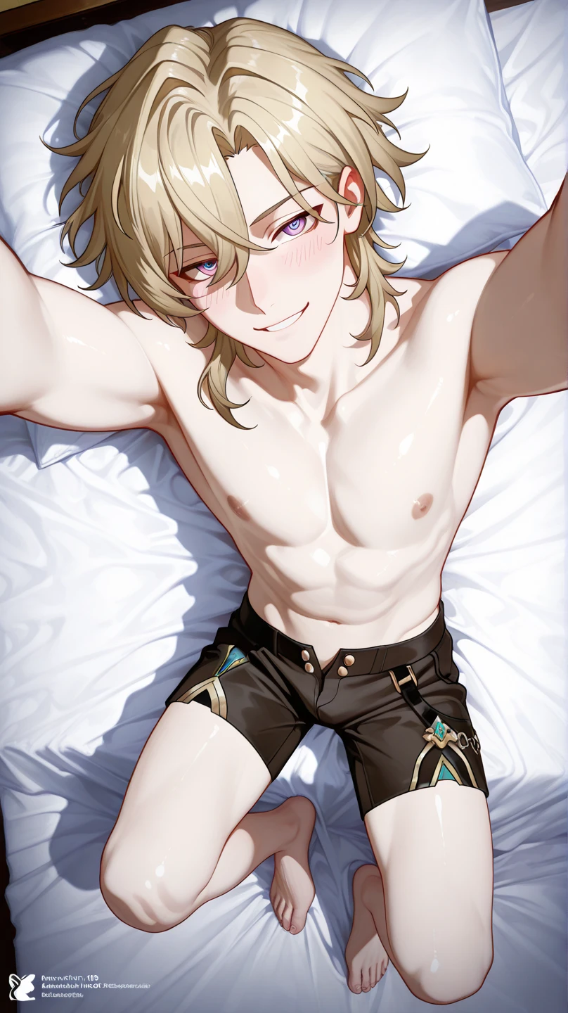 (((official art,Ultra-fine illustration,High resolution, 最high quality,最high quality,)))high quality, become familiar with, (little boy),Japanese festival male idol beautiful boy, long legs, attractive butt、 feet, (There is no swelling in the chest), (blonde、short hair)、(loincloth), (dharma quilt), (socks), (thick thighs)、(((shrine)))、((Saucy、))、(((grin and laugh、tongue licking))),Ultra-fine painting ,、feetを広げてサービスショット、bulge in crotch、(((Vulgarity))),((blonde短髪)、(black skin:1.2)),(((((butt must be facing forward)))),,proud butt、