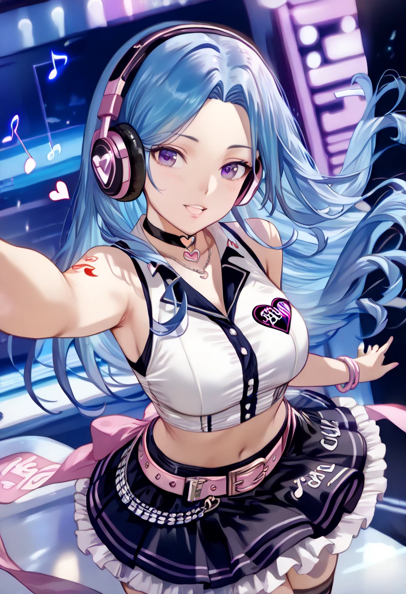 Musa has a light, almost pale skin tone, dark blue hair and thin dark blue eyes. Musa wears a small sleeveless magenta vest over a pastel pink tank top with the phrase "I ♥ Music" printed on it (only in official stock art with the heart being purple and covered in sparkles), purple arm warmers, a thin lilac-colored belt that runs through blue capris, and blue knee-high, high-heeled boots with a dark fishnetted design and open toes. She also wears an assortment of different accessories such as her yellow headphones (adorned with red jewels in official art), a long necklace made up of red, blue and purple beads, and some hooped bracelets; a pair of thin red ones followed by a thicker blue bejeweled one on both of her arms. Her hime cut-styled bangs make a return as she now ties a bit of her hair is into a small but noticeable bun, leaving the rest to flow freely as it is now long enough to rest at knee-length.