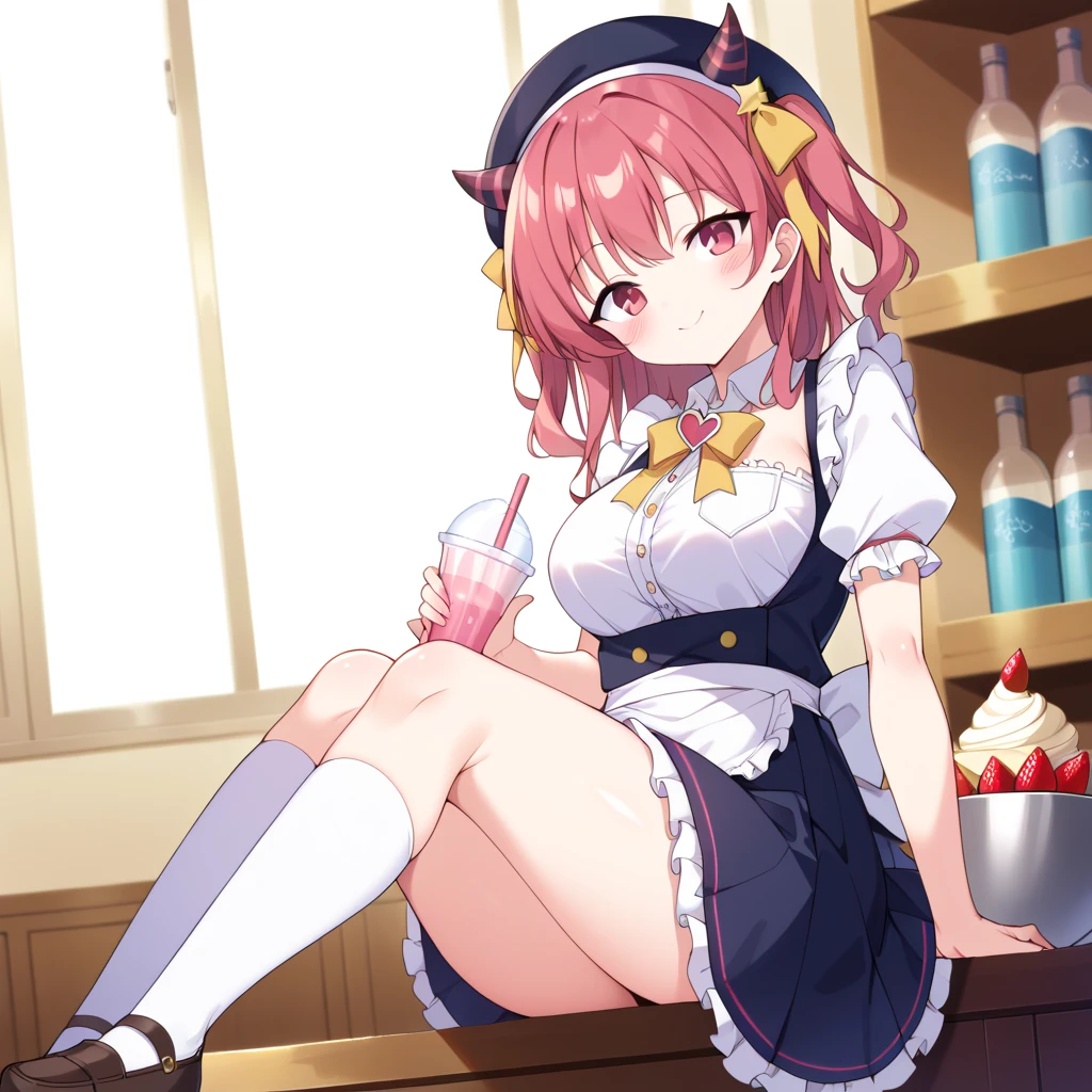 (from the front), Fisheye Lens, 24 year old beautiful girl, Curvy, Large Breasts, Underbust, (Kneeling on the round table), (On the table:1.5), (Spread your legs), (Pee in a cup:1.5), (Cup between the legs:1.3), (Classic puffy short sleeve ruffled blouse), (Pink mini skirt), (Pink Maid Apron), (Button-down shirt), (Neck Ribbon Button Gap)+ Thighs, High heels, Put your arms behind your back, (View your audience:1.5), (Embarrassing:1.3), (smile), (vapor:1.3), (Girl trembling with sexual climax:1.3), Mid-length hair, Pink Hair, High Ponytail, Wavy Hair, Glowing Skin, (coffee shop), window, morning, (crowd:1.3), (masterpiece, Highest quality, High resolution:1.3), Perfect Anatomy