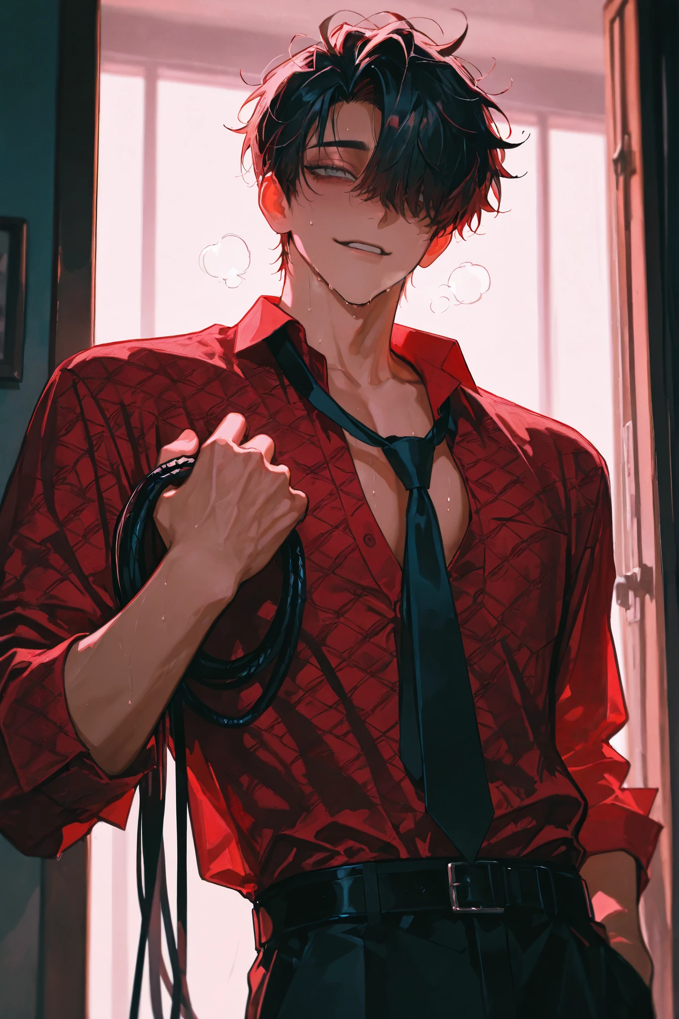 I flew , solo,cartoon_source,uncensored,(subtle light:1.1),perfect lighting,bright colors, solo, short hair, bangs, brunette, High Resolution, Masterpiece, Best quality, HD, UHD, cover the hair of one eye, heavy breath, gray eyes, messy hair, Korean male, bad boy vibe , Loose tie, patterned red shirt, Whip , cold Face, Face through torso, Cold eyes, Ackerman, sharp eyes, Cold characteristics, Handsome, detailed Face, perfect eyes, detailed knuckles, Flawless Skin, thin lips, bangs, eyelash, looks at the audience, upper body, Masterpiece, dim lighting, unhappy, expression_Face, ((alpha male)), unbuttoned dark patterned red shirts, belt , Elegant, bedroom, Pants, Slight Sweat, Night Light , Mysterious Mood, sexy mood