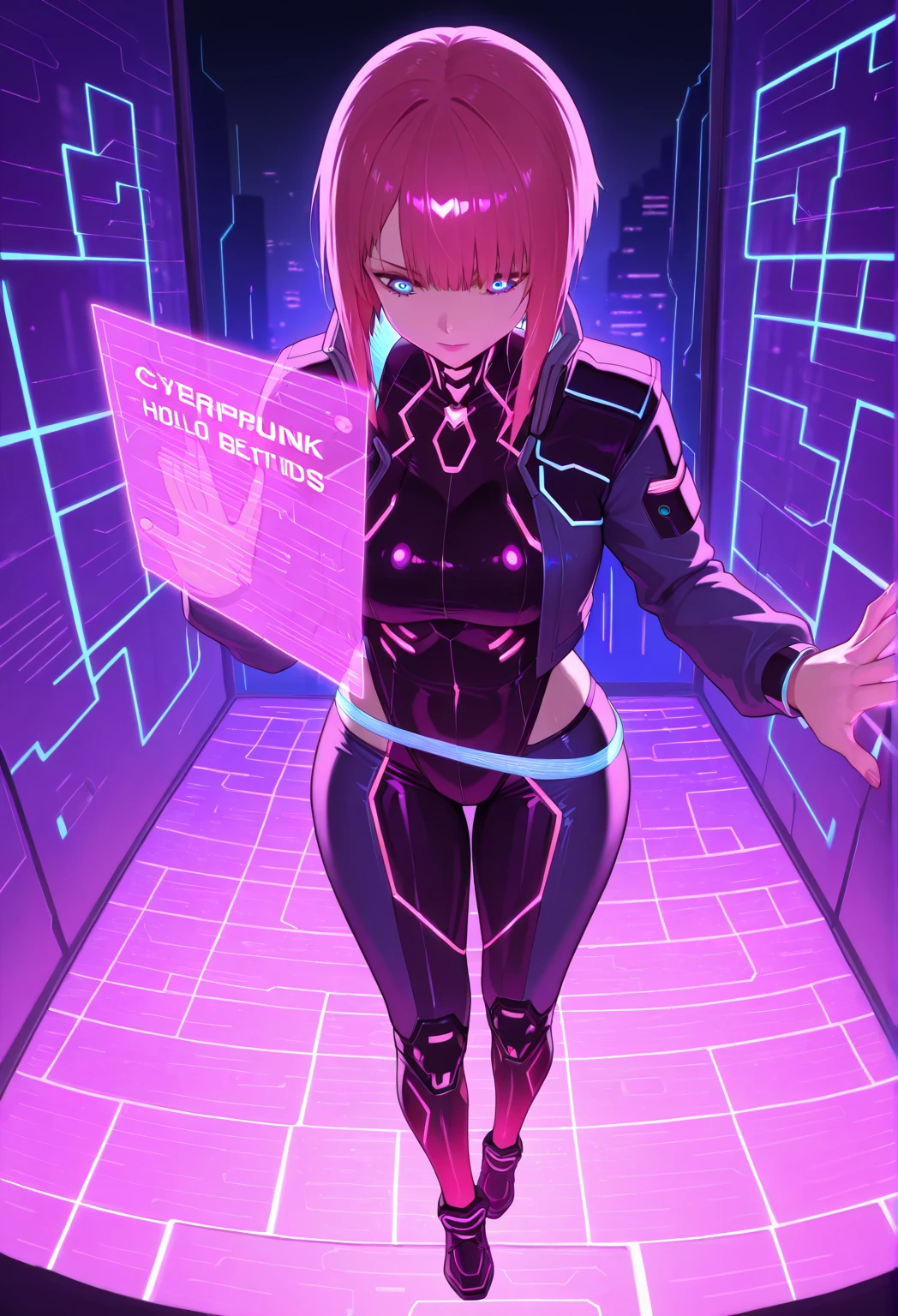 1girl, pink hair, very short hair, vr visors, visors, head-mounted display, ((covered eyes)), covered eyes, bodysuit, blue bodysuit, science-fiction, machinery, futuristic, tech, whit3 trim, blue neon trim, neon, neon trim, breasts, hourglass figure, mature frmale, huge breasts, thick thighs, wide hips, swaying hips, hip sway, sway, arms behind back, arms up, hands behind back, smile, back, dance