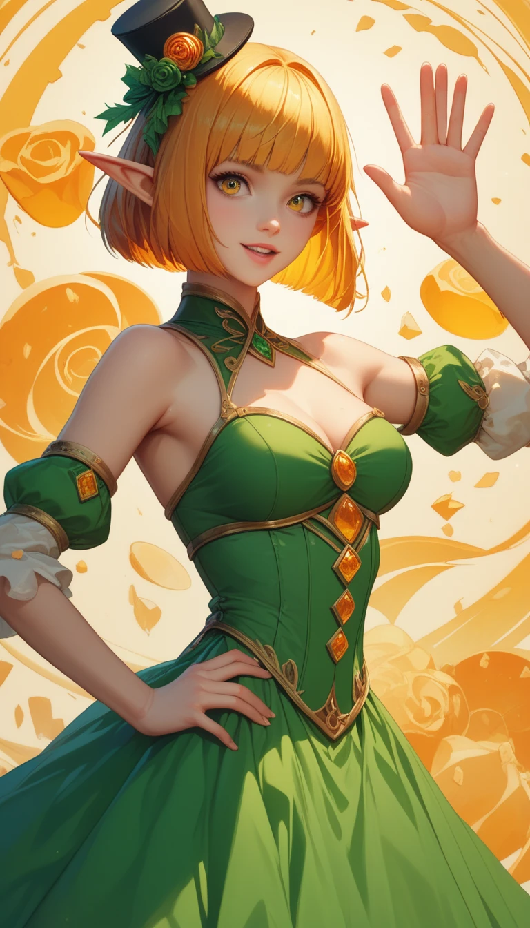 masterpiece, highest quality, so beautiful、up to date、girl, Orange Hair, short hair, Golden Eyes, Olga,tooth, A defiant smile, Asian fantasy green costume、Bollywood、Bold Pose、、dance