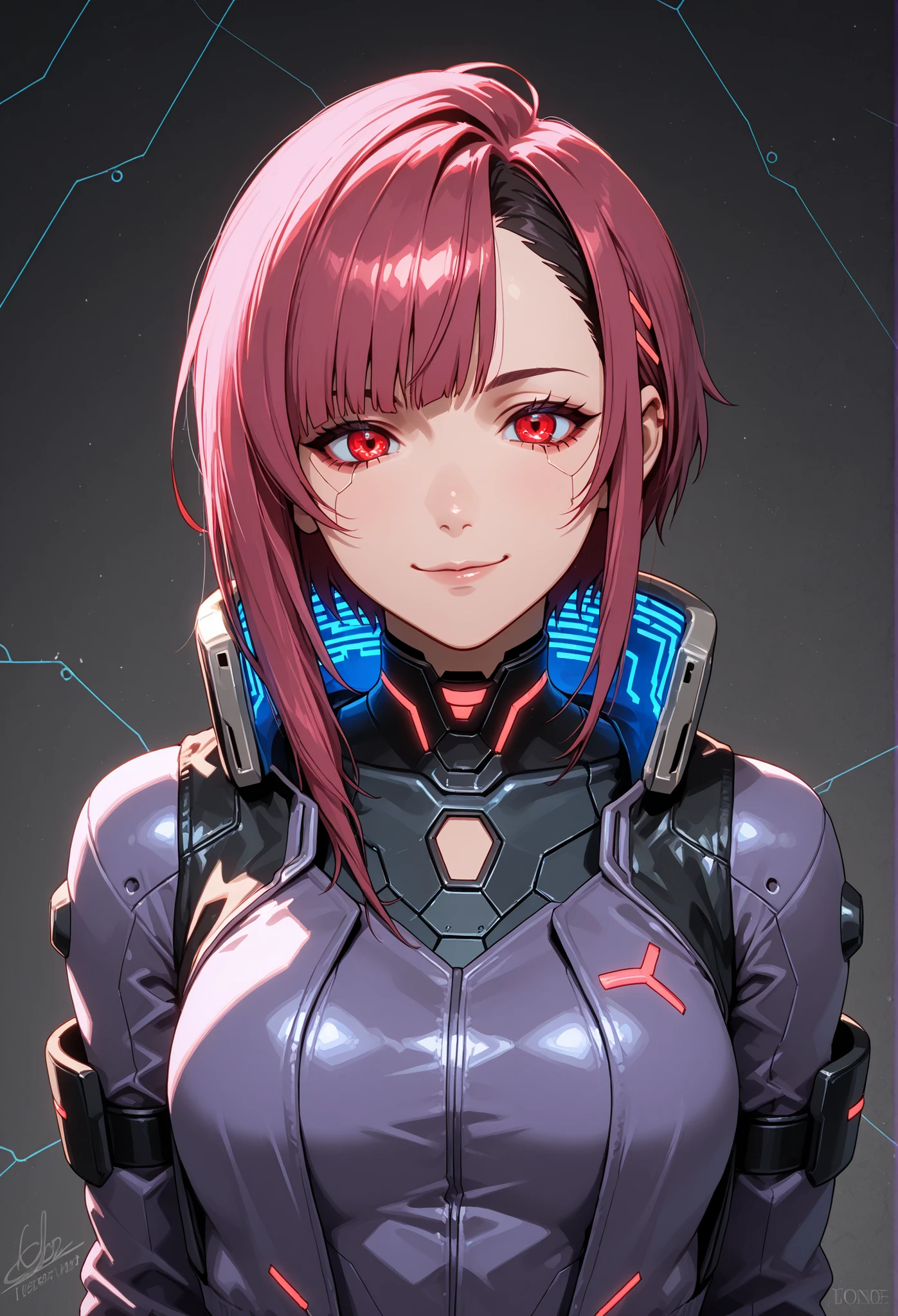 DOPE CYBERPUNK ANIME JAPAN ANDROID GIRL FEMALE V ON THE graphite BACKGROUND, FULL OF DETAILS, CHARISMATIC, INTELIGENT RED PINK PURPLE, REBEL