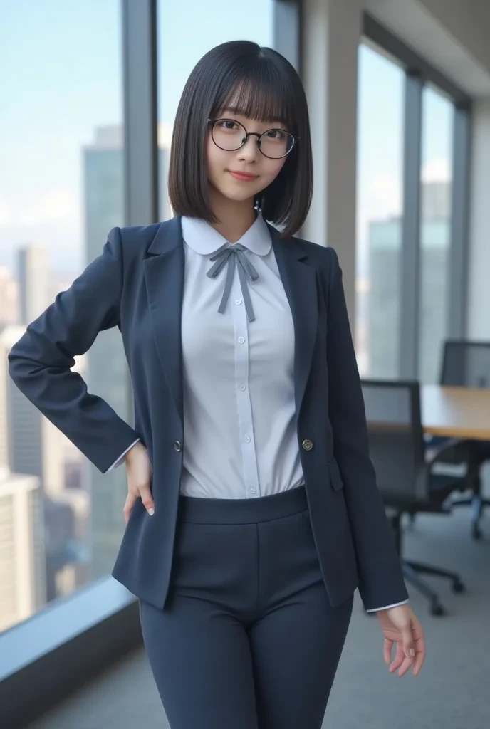 Highest quality、masterpiece、8k、Very detailed、Realistic、(One girl)、(Looking at me with a smile:1.5)、whole body、(Black Hair)、Short Hair、Small face、(Slender:1.2)、(Big Breasts:1.2)、(White business shirt with buttons and a collar:1.2)、(short tight skirt in gray,:1.2)、(Grey business jacket:1.2)、Glasses