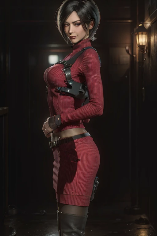 (Ada Wong): -Ada Wong in Racoon City, in the middle of the outbreak, taking a defensive stance- (Details): -Tight and wet clothes, sweaty skin, detailed skin- -Ripped and worn suit and half naked- (Details of clothing): -Half-naked, naked-