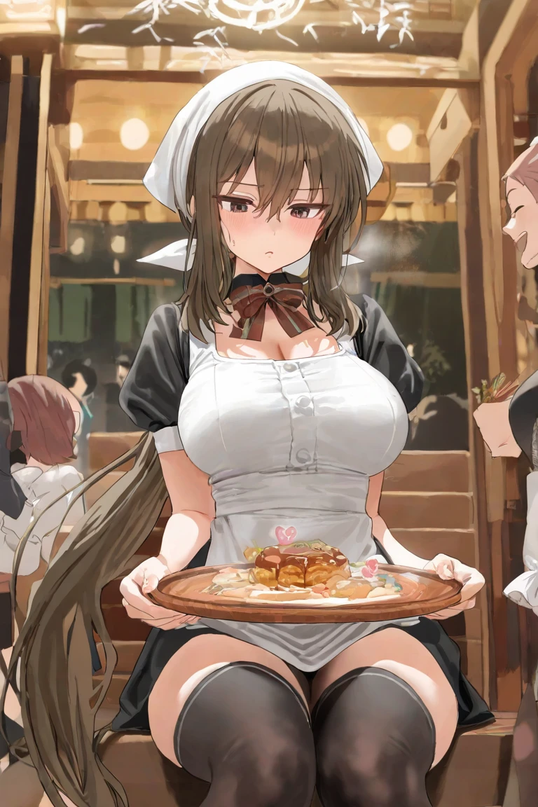 azur lane、ayanami、table top、High resolution、big and full breasts、naughty body、underwear only、See-through、throw、、whole body、Are standing、Look up at me、confused face、blush、black pantyhose、The shape of a woman's private parts is clearly visible、I can see your nipples、white shirt、navy check skirt、Maid clotheini skirt、Blue Gingham Check、very short skirt、restaurant、shop、bare chest、show your chest、while holding the tray、place the chest on the tray、A lot of milk comes out from the nipples、Breast milk splatters from the nipples、Pour breast milk into a glass cup、A large amount of milk spills from the nipple、White drinks、Cat ear、ponytail、sit on bed