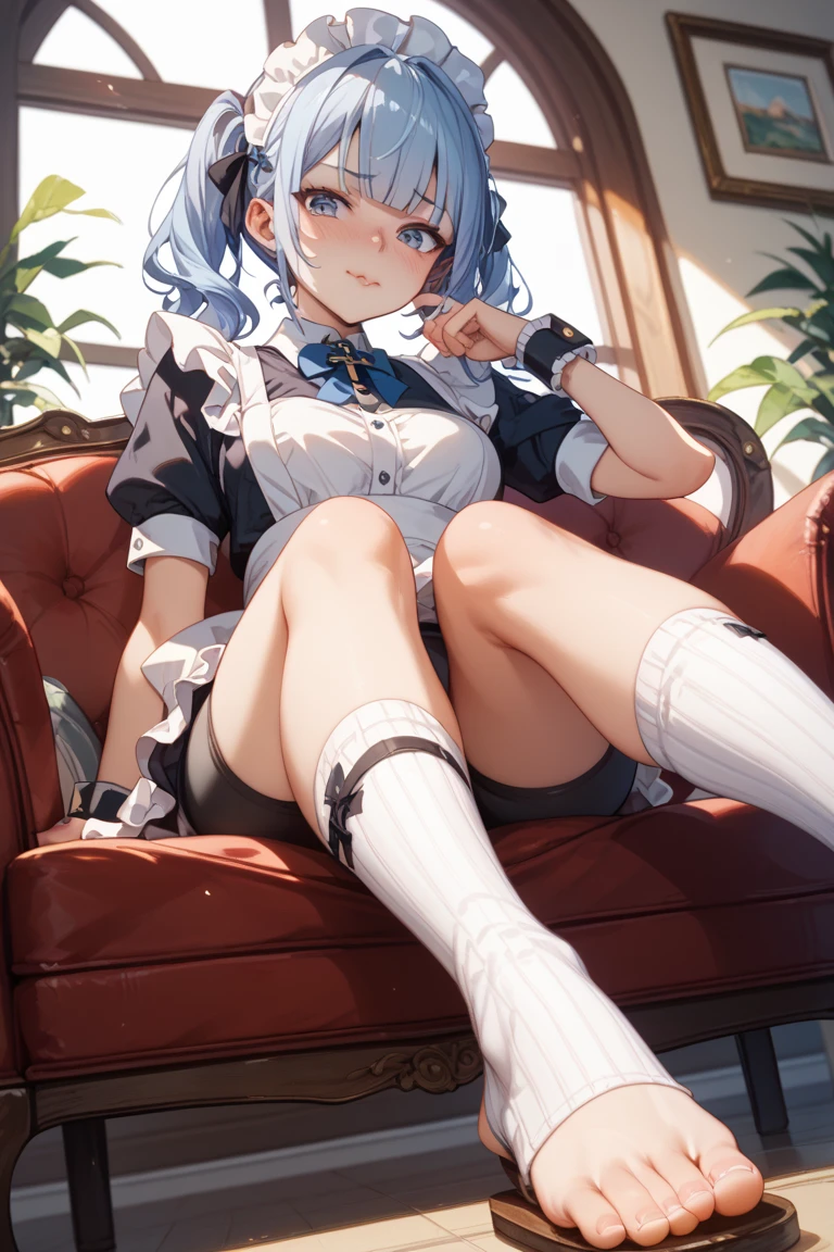 Beautiful interior scene,A shy expression,Soft blur effect,The cat's ears and tail decorate the body,White tight-fitting leather jacket,cat ear,The cat's tail adorns the body,lying on sofa