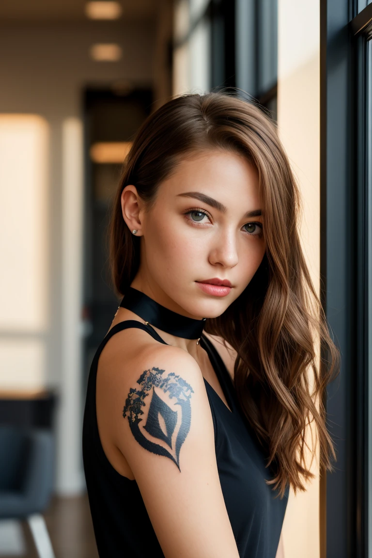 Jeune femme de 25 ans, visage fin, cheveux long, cheveux arc-en-ciel, yeux marrons, HD, 8K, masterpiece, sourire romantique, sexy, metal lingery, guerrière viking, celtic tattoo, at night, aurore boreale, milky way