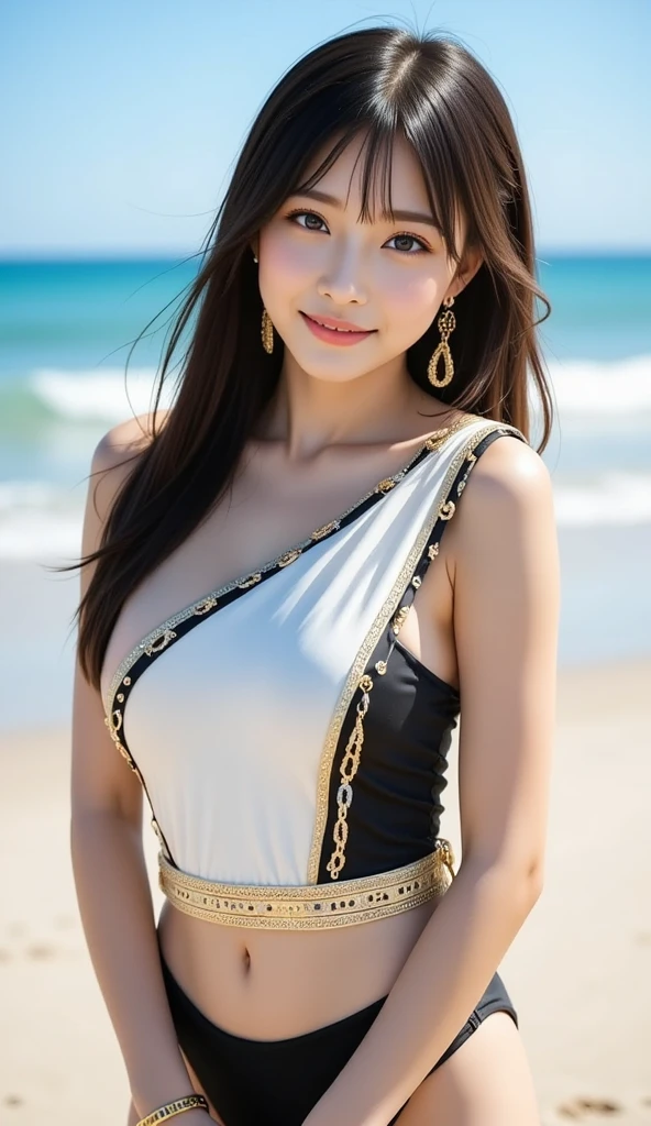 ((Best Quality, 8k, Masterpiece:1.3)), Focus:1.2, Perfect Body Beauty:1.4, Buttocks:1.2, ((Delicate Long Hair)), (Hip Wrap Skirt:1.1) , (Ship, Sea: 1.3),, Highly detailed face and skin texture, Delicate eyes, Double eyelids, Whitened skin, Smile, wearing necklaces, rings, on ships, sun on people's faces, big breasts