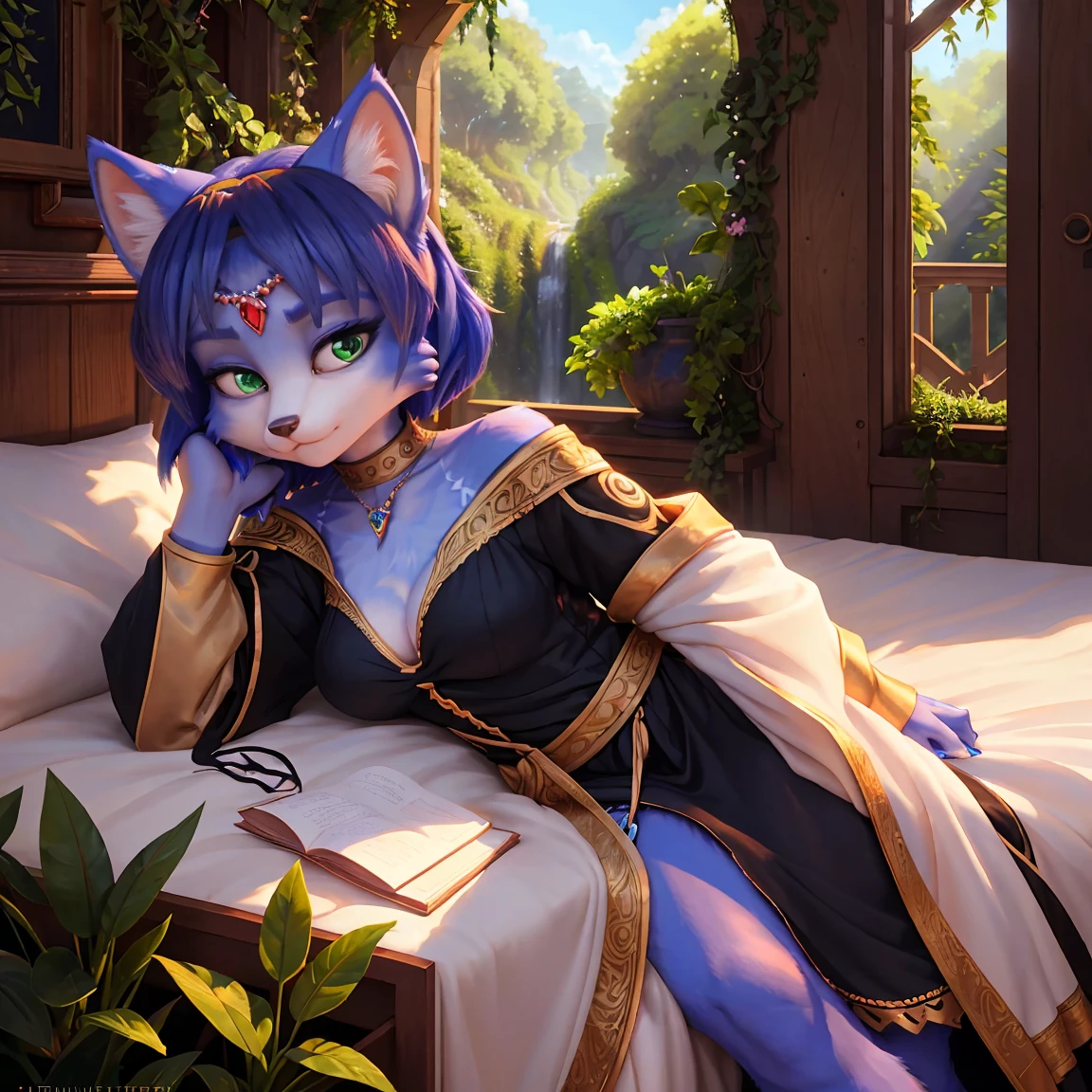 A beautiful and detailed (sweet picture) von ((Krystal)), Sternenfuchs Krystal, Schlank, liebenswert, green eyes, medium breasts, (((Lange blaue Haare 1.3))), ((schwarze haarspitzen)), Dekollete, Grinsen, hoch schauen,, anthro, Pelzig, Hochgeladen E621, detailed flauschige fur, (von Fluff-Kevlar, Bayard Wu, Personalami, Pino Daeni), detailliertes Gesicht, (flauschige), 1 girl, Allein, Stammes-Kleidung, sweet girl, solo, wears a robe