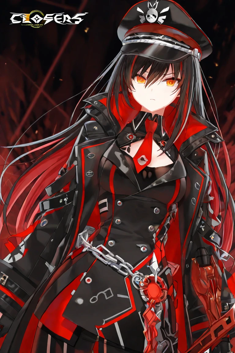 masterpiece, Highest quality 1girl, Black Hair, black Jacket, Blurred, Blurred background, chest, Depth of written boundary, Shine, Shine eyes, Helmet, horn, Jacket, jewelry, knife, Long Hair, View your viewers, mask, medium chest, necklace, Neon Light, oni mask, Open clothes, open Jacket, Outdoor, rain, Red eyes, warrior, sheath, sheathed, shirt, alone, sword, tattoo, teeth, Upper Body, arms, white shirt, zipper