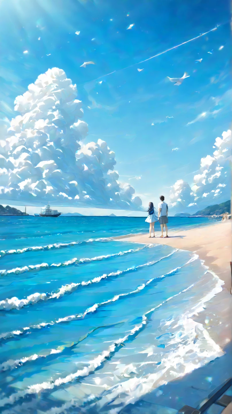 highest quality、masterpiece、A couple、One man and one woman、Summer、seaside、cool、Blue sky and white clouds、intimate interaction