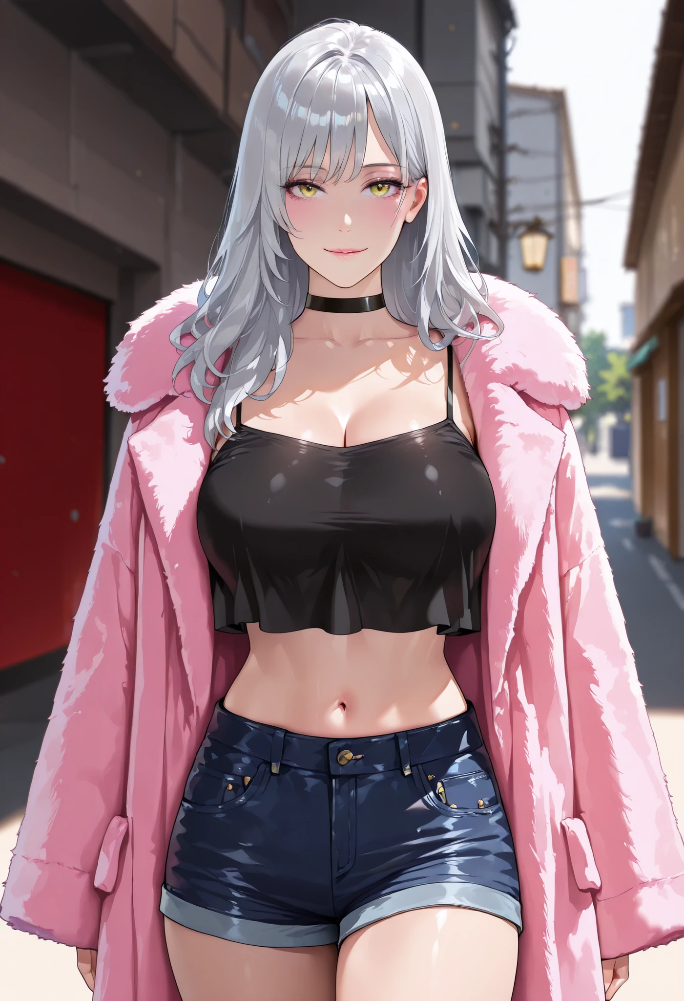 masterpiece, ultra-HD, cinematic lighting, photorealistic, impressionism (1.5), high detail, depth of field, (blurred background), (dramatic lighting), masterpiece, best quality, very aesthetic,8k,masterpiece, best quality, realistic, masterpiece, best quality, 8k,
BREAK,
(1girl), solo, Beautiful girl with slim body, (silver hair, long hair, bangs), (dynamic poses), looking at viewer, (blushed, light smile), (yellow eyes, detailed eyes, eyelashes), Beautiful eyes, (large breasts:1.3), (slender body), (beautiful detailed face, beautiful detailed eyes), ((hot pink faux fur coat, black crop top overhang camisole, denim shorts, black choker)), (open waist, navel), (white simple background), ((cowboy shot:1.3)), seductive, lustrous skin, lustful skin, erotic skin