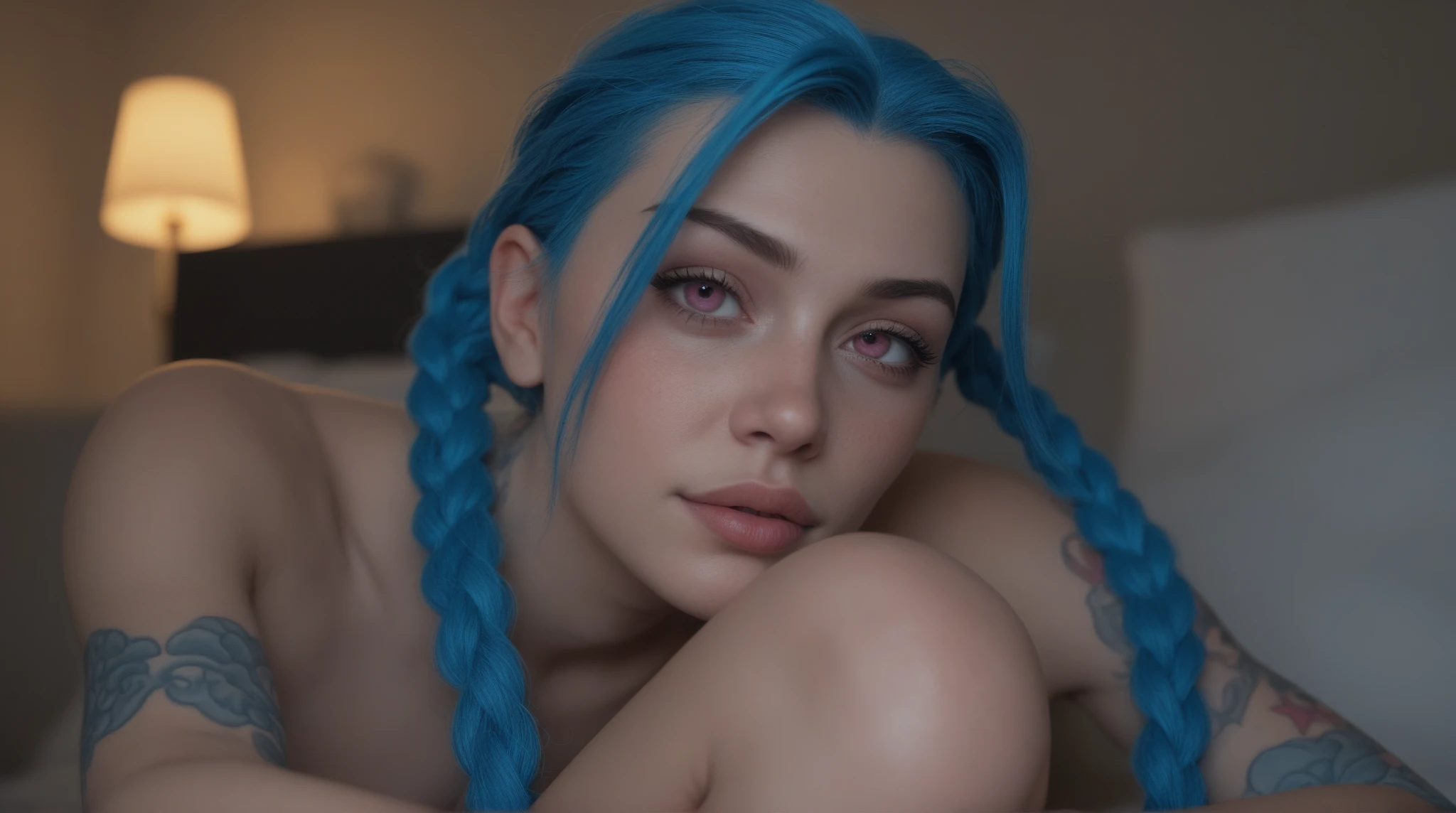 highres, masterpiece, perfect lighting, bloom, indoors, bedroom, well lit, adult, dark skin, female, jinx lol, from above, looking at viewer, naked, light blue panties, large breasts, flat chest, , parted bangs, blue hair, tattoo, freckles, very long hair, long braided, :), smirk😏,