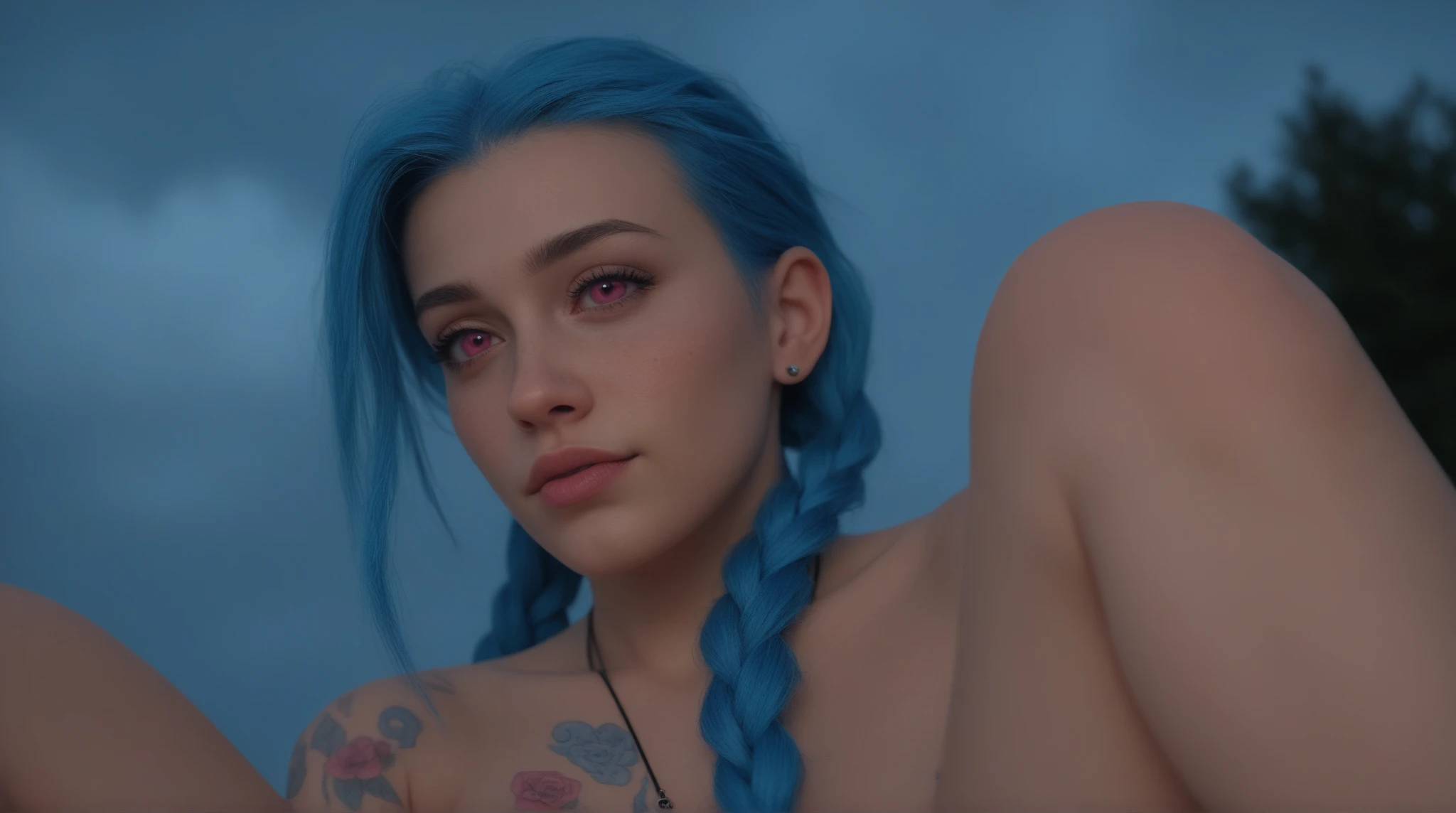 wearing (casual short revealing clothes), portrait, beautiful face, blue hair, beautiful eyes, open eyes, hyper realistic, realistic texture, natural lighting, unreal engine, trend in artstation, cinestill 800, laying on couch watching tv