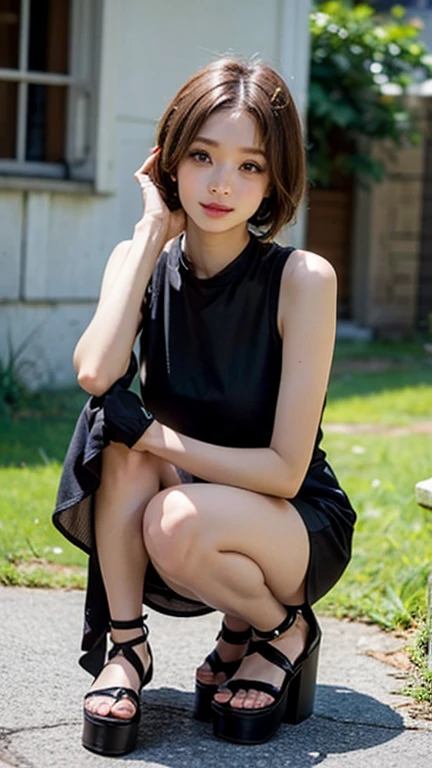 Dark brown hair、Light brown eyes、Japanese actress、 Lady、I am about 40 years old..、(Intricate details:1.2)、(Which one is on top??:1.4)、 (Ultra-high resolution:1.2)、Ultra-high resolution、(Finely tuned)、(Detailed facial features)、Hmph、8K resolution、D cup size breasts、Long Hair、Updostyle, Updo、Hair Bun、1 Girl, A look of deep sadness, (Very detailed美しい顔), (blackのカットソーキャミソール:1.5),black Tight-fitting shorts、 (Bare shoulders:1.3), (Highest quality:1.4), (Very detailed)、Beautiful white skin, Top view、 Spread your legs wide, Please open your mouth a little、I can see your legs、Pose of Weakness、Obscene pose、Street fashion、Very sandals、