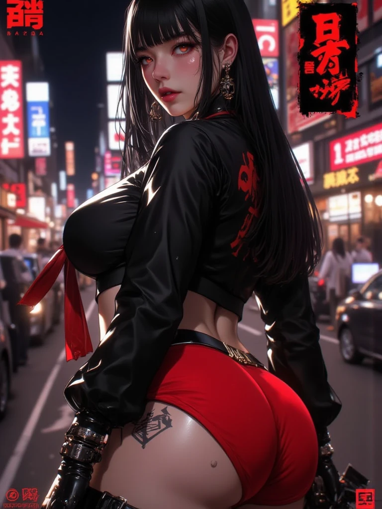 une fille, regard agressif, Red eyes, black hair tied, saber in the back, tattoo, gangster, Yakuza, Aesthetic, cyberpunk, seductive cyberpunk dark fantasy,