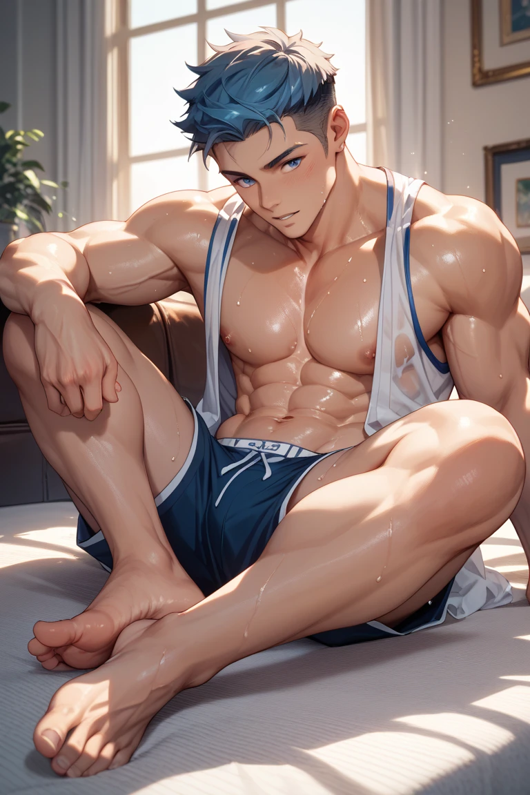 Bishonen anime slim cut body, hot man, 21 years old, luminous grey iris with weather manipulation powers, shirtless, tight fitted all-white mesh briefs, white socks and silver toe ring, sitting in his bedroom floor with sexy pose