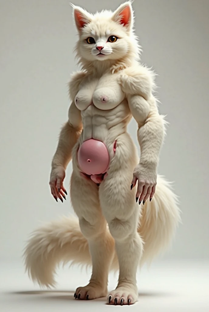 (4k, masterpiece,best quality,ultra-detailed,realistic:1.37), (solo), (A furry cosmic goddess), (anthro calico cat), (hooves), (nude), (detailed face), (detailed eyes), (detailed lips), (long eyelashes), (ethereal body), (rainbow colored fur), (neck fur), (glowing skin), (full body tattoos), (intricate details), (detailed fur), (cosmic fur), (embarrassed expression), (shy expression), (nude), (nipples), (penis), (muscular male), (muscular arms), (muscular legs), (muscular feet), (muscular thighs), (big breasts), (massive breasts), (wide hips), (big butt), (big hips), (tall figure), (curvy figure), (thick figure), (bulky figure), (standing), (white background), (full body photo)