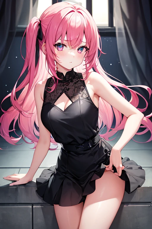 17 years old, mid-length luxurious wavy hot pink hair that comes down to her neck, a sinister cold smile, and icy blue eyes. She has a and slender hourglass-like frame, and pale flawless skin.