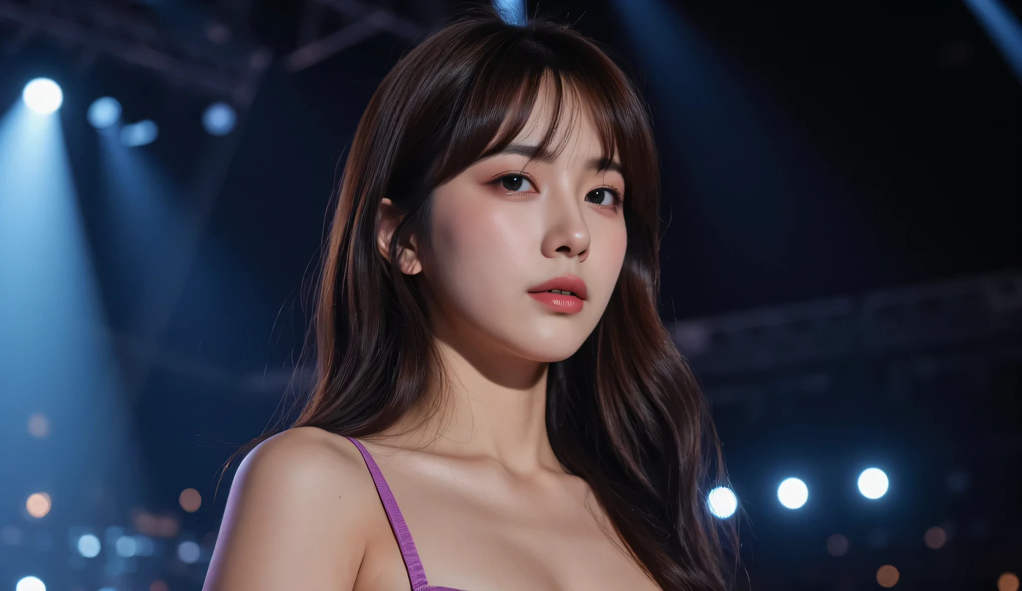 (sfw:1.5)、 sun flareWhite base with purple-red fluttering costume、tulle skirt、23 years old, perform on stage, concert photos, cute core、(((watching the audience)))、23 years old、Mei Nagano、shooting from above、(Natural and detailed face standing、beautiful and detailed eyes、beautiful and dense lips、very detailed eyes、detailed face、long eyelashes)(8K resolution)、High resolution、masterpiece:1.2 )、Super detailed、(real、photorealistic、photorealistic: 1.37)、bob hair、belle delphine、dress、8K、fantastic lighting、bright colors、standing position