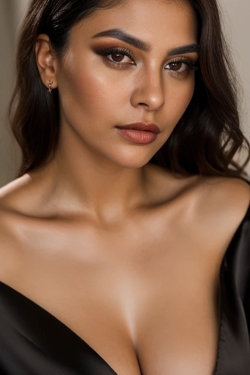 close-up portrait, (portrait photo), ((best quality)),, nikon, cinematic lighting, medium hair, ((blue iris)), (photorealistic:1.4), (pooja hegde), (as maid), (deep cleavage), bikini