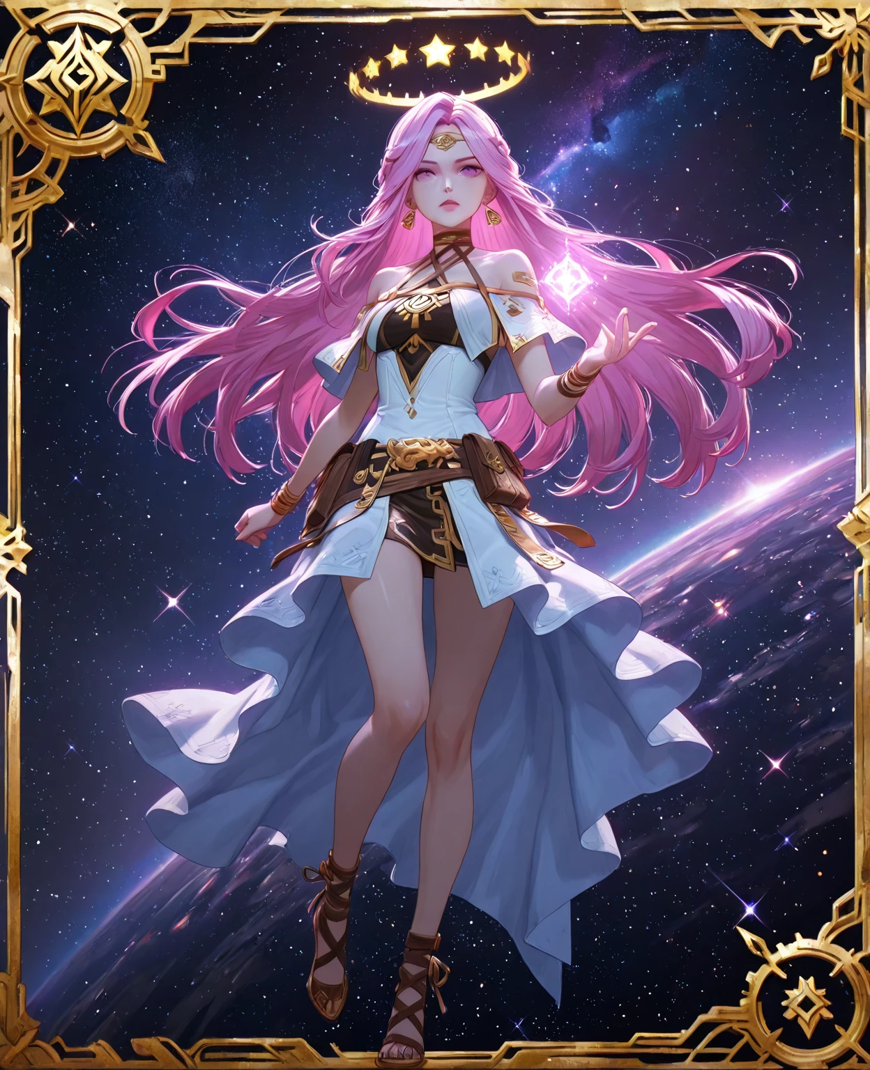 ((best quality)), ((artwork)), ((extremely detailed face)), ((perfect lighting)), ((extremely detailed CG)), ((perfect hands, perfect anatomy)), Appearance= Tall, slender, voluptuous figure, pale skin, youthful, ravishingly beautiful, narrow waist, curvaceous butt, refined features, high forehead, busty, full lips; sapphire eyes; very long, flowing pink hair
Personality= Selfish, pompous, spoiled
Occupation= Dawnstar, Princess Starfall
Reputation= The most beautiful woman in the world]

[Clothing= Cape, sleeveless white dress greek style, gauntlet, plate armor, ring, a pair of large golden star earrings, Spear Of Asgard]