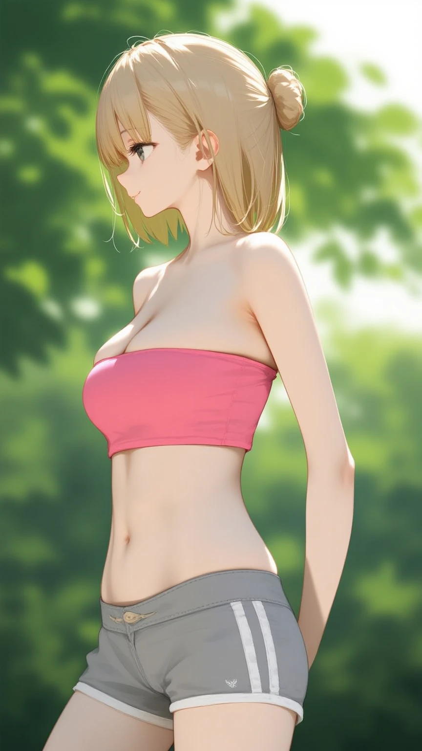 masterpiece, highres, solo, 8k, detailed, perfect face, best quality, (ultra high quality), (looking at viewers), (armpit), collarbone, bare arms, big breast, cleavage, blonde hair, long hair, green eyes, belly, stomach, navel, abs, sarashi chest, bandaged breast, (brown hakama), slim body, upper body, closed mouth, at forest, hand up