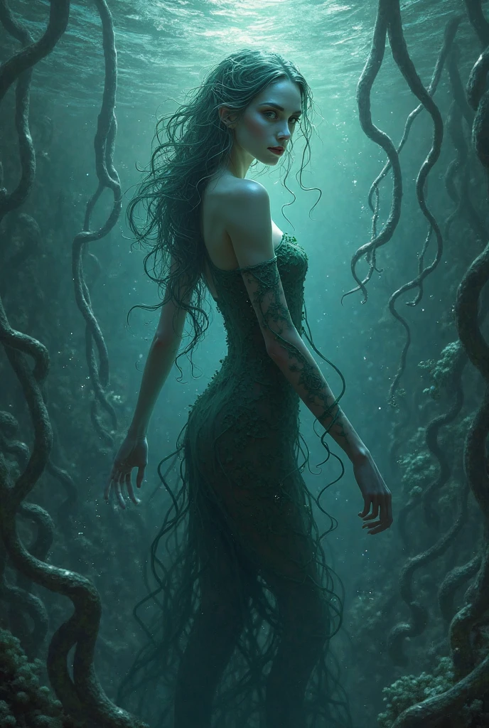 a picture of a sea witch, long green hair, evil, villain, she is coming to you, up close, dark ocean,( underwater:1.1), lightning, bright eyes, wearing a dress made of algae, tentacles, octopus, (up close:1.3)