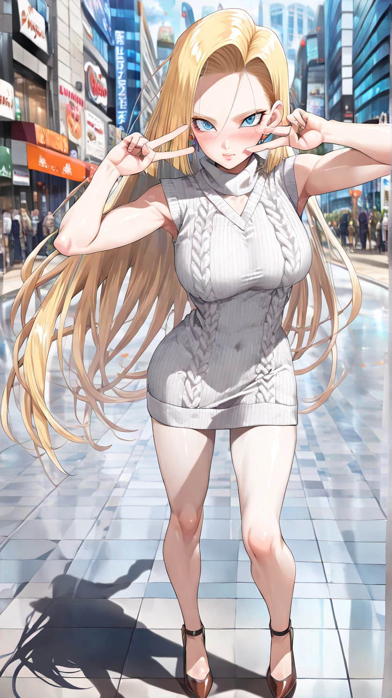 1girl, alone, minami fuyuki masterpiece,best quality,highres,ultra-detailed,bbminami,long hair,large breasts,ahoge,sweater,turtleneck,street,smile,standing,sleeveless,arm_behind_head,arms_up,long blonde hair, purple eyes, embarrassed, makeup, smiling, mouth closed, standing, street, walking, dusk,big breasts, medium waist, wide hips, medium thighs, cleavage