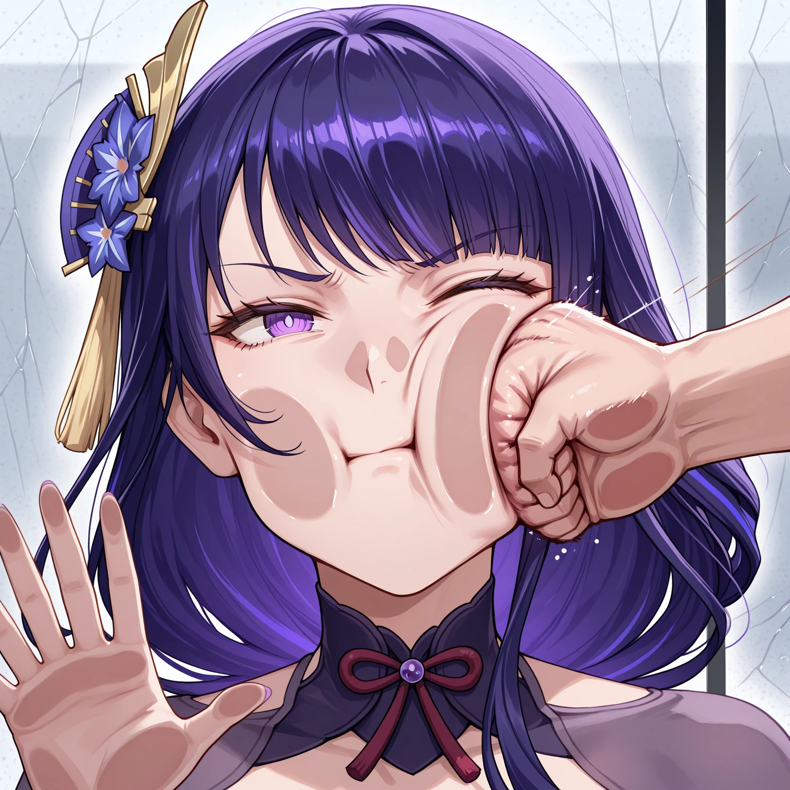 chopping block,head on block,wooden block,upper body,1girl,breasts,brown hair,solo,nipples,blush,long hair,hanging breasts,large breasts,ponytail,stuck,purple eyes,axe on head,kneeling,<lora:guillotine:1>,from side,, blue archive,1girl,Sorasaki Hina,newest,nsfw,frown,pout,tears,looking at viewer,clenched hand,