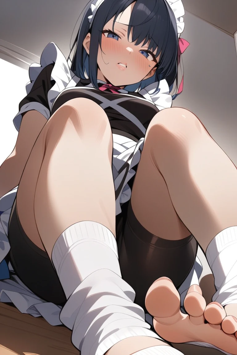 Spreadlen,panties,  Red skirt and white shirt,Black Short Hair,