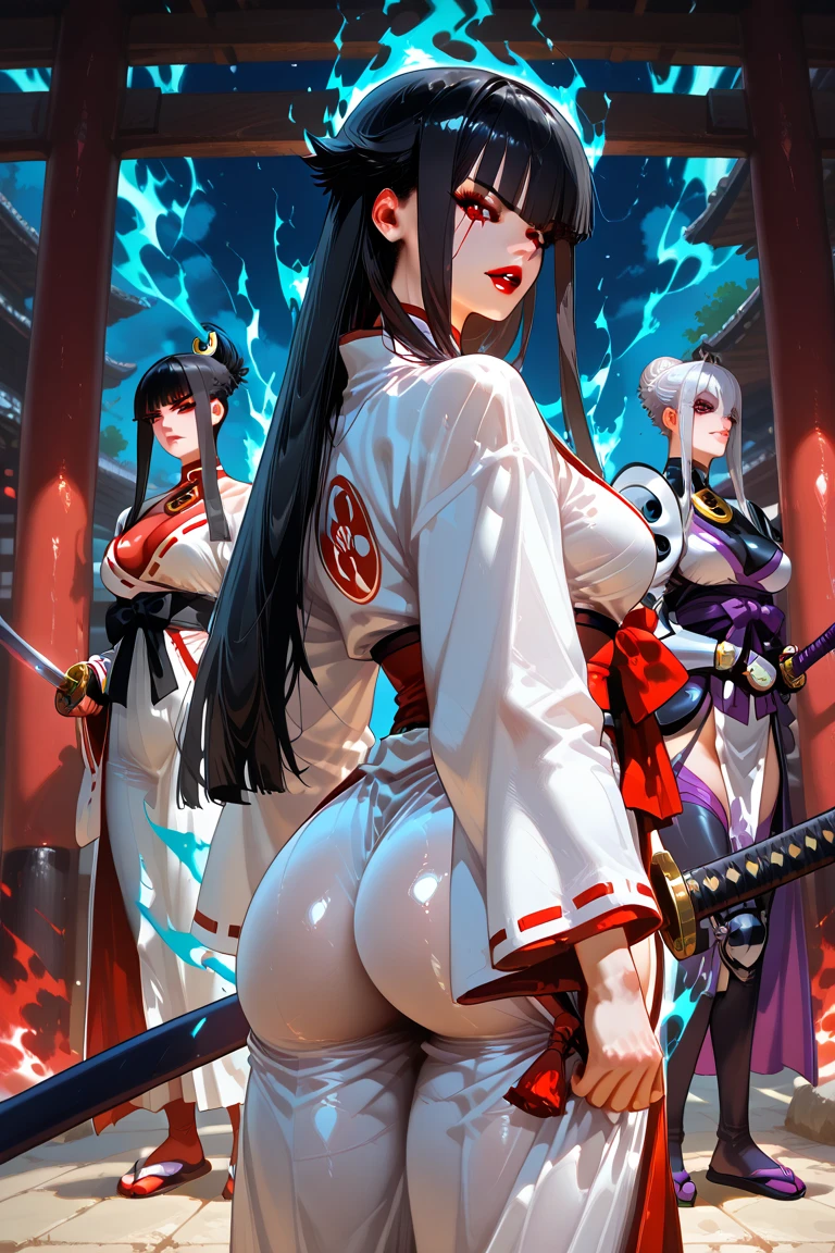 Cyberpunk futuristic Samurai girl in white sexy holding samurai with oni mask on