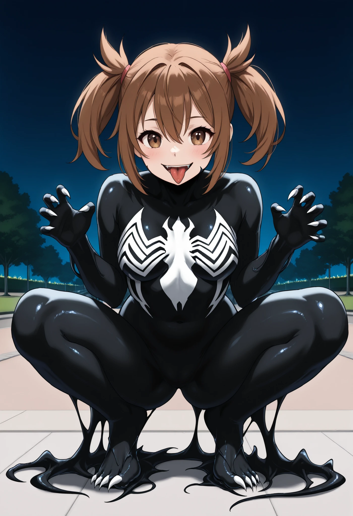 brown-haired girl with 2 pigtails wearing the black costume of the symbiote Venom full body with claws on her feet and hands while she squats in a park at night showing her butt while looking at you smiling sticking out her tongue